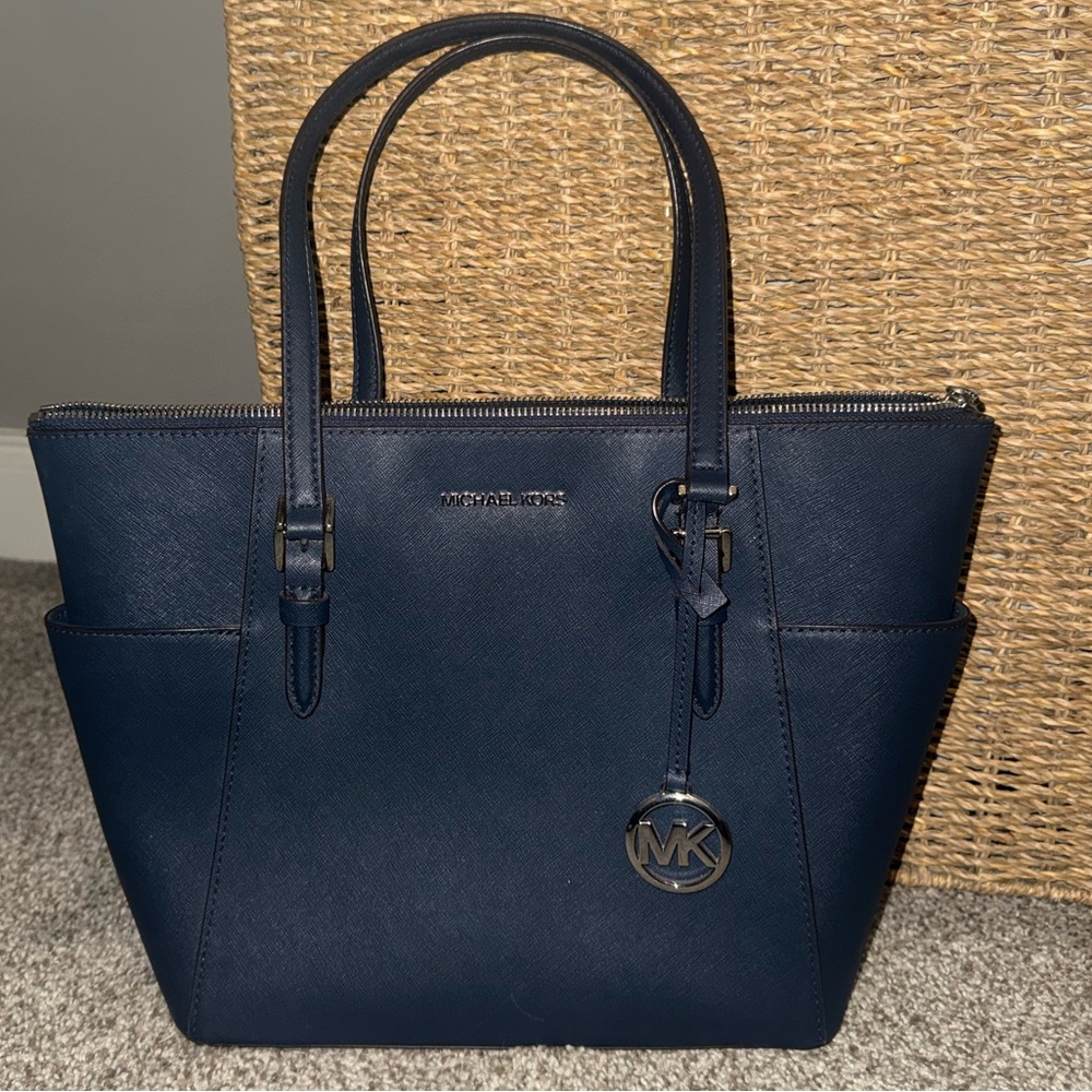 Michael Kors Charlotte Medium Navy Saffiano Leather Top Zipper